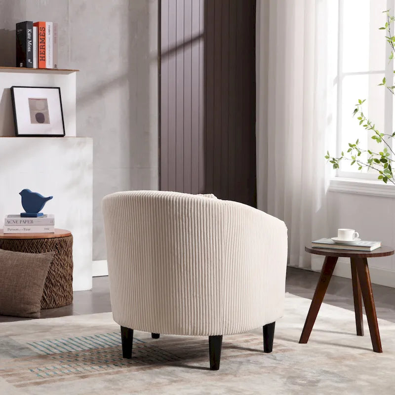 Corduroy Barrel Accent Chair, Mid-Century Modern, Single Seat, Wood Legs – Beige / Dark Gray / Emerald / Black / Camel / Blue