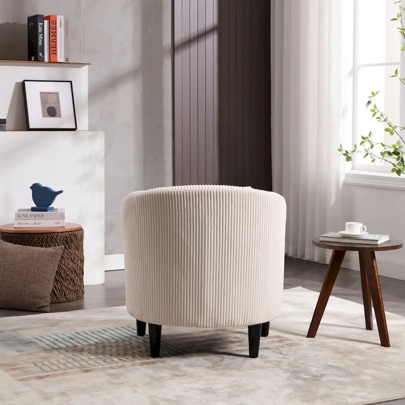 Corduroy Barrel Accent Chair, Mid-Century Modern, Single Seat, Wood Legs – Beige / Dark Gray / Emerald / Black / Camel / Blue