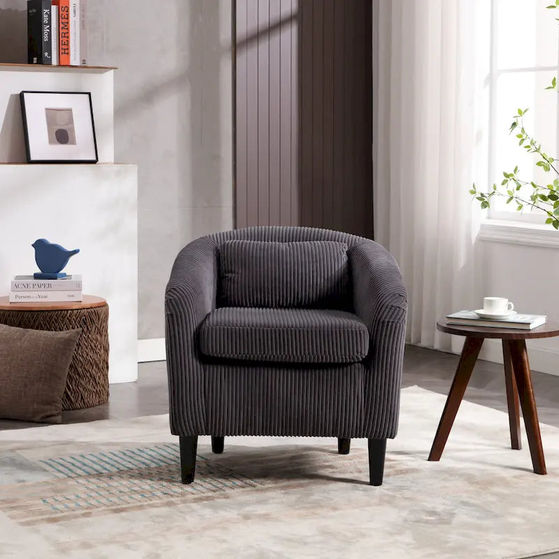 Corduroy Barrel Accent Chair, Mid-Century Modern, Single Seat, Wood Legs – Beige / Dark Gray / Emerald / Black / Camel / Blue