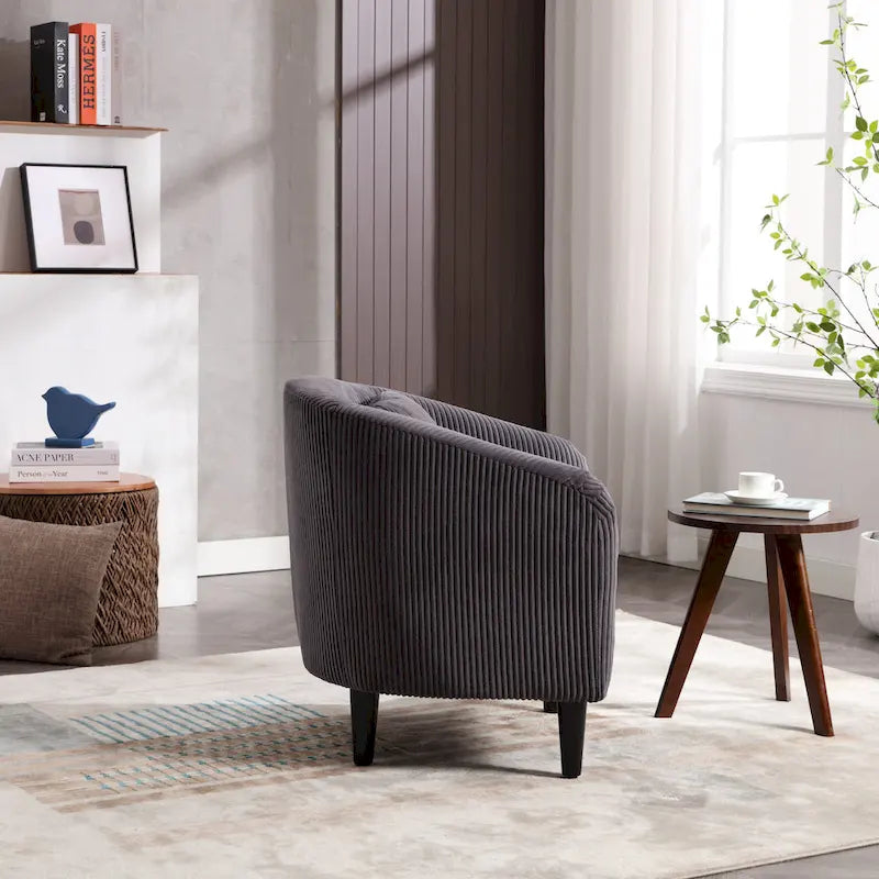 Corduroy Barrel Accent Chair, Mid-Century Modern, Single Seat, Wood Legs – Beige / Dark Gray / Emerald / Black / Camel / Blue