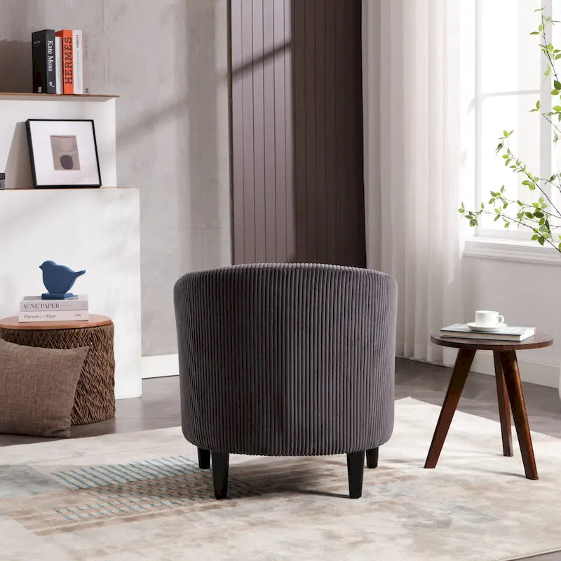 Corduroy Barrel Accent Chair, Mid-Century Modern, Single Seat, Wood Legs – Beige / Dark Gray / Emerald / Black / Camel / Blue