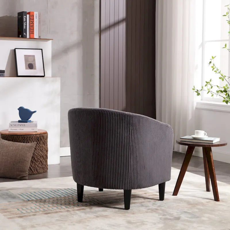 Corduroy Barrel Accent Chair, Mid-Century Modern, Single Seat, Wood Legs – Beige / Dark Gray / Emerald / Black / Camel / Blue