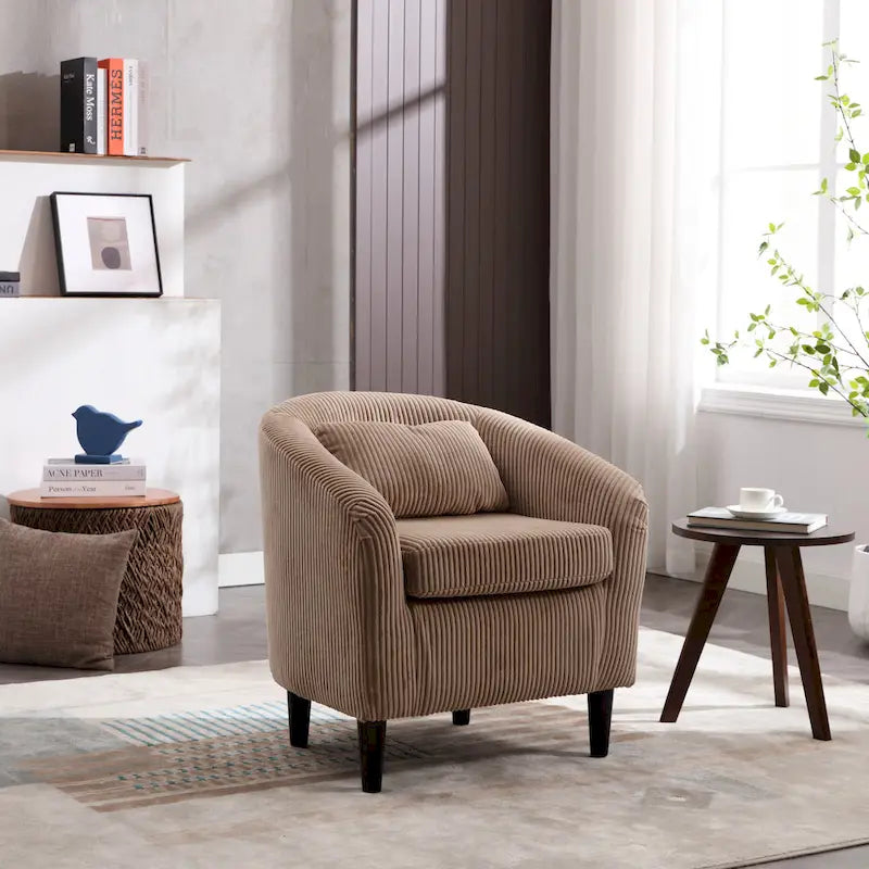 Corduroy Barrel Accent Chair, Mid-Century Modern, Single Seat, Wood Legs – Beige / Dark Gray / Emerald / Black / Camel / Blue