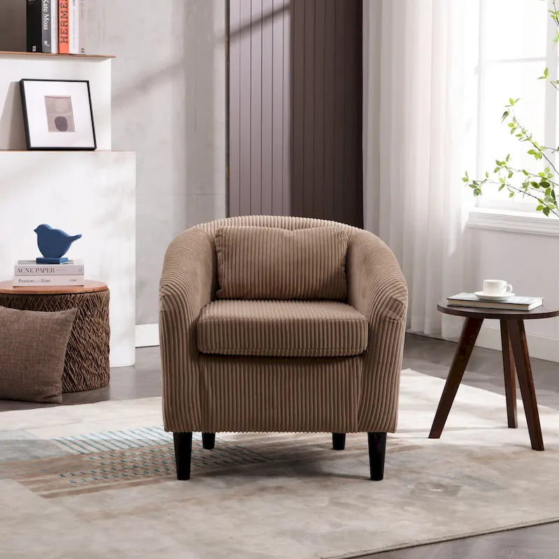 Corduroy Barrel Accent Chair, Mid-Century Modern, Single Seat, Wood Legs – Beige / Dark Gray / Emerald / Black / Camel / Blue