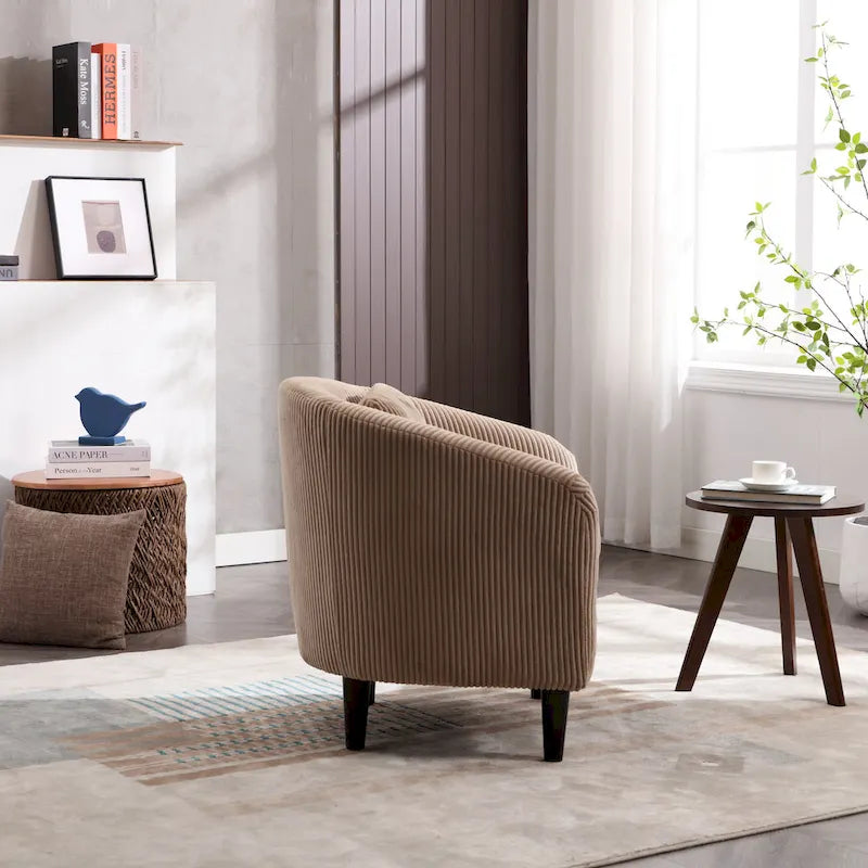 Corduroy Barrel Accent Chair, Mid-Century Modern, Single Seat, Wood Legs – Beige / Dark Gray / Emerald / Black / Camel / Blue