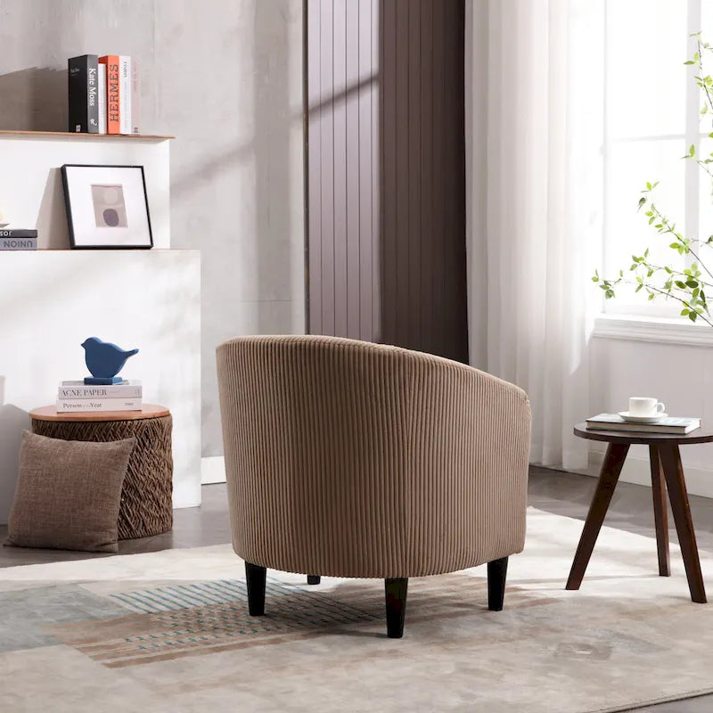 Corduroy Barrel Accent Chair, Mid-Century Modern, Single Seat, Wood Legs – Beige / Dark Gray / Emerald / Black / Camel / Blue