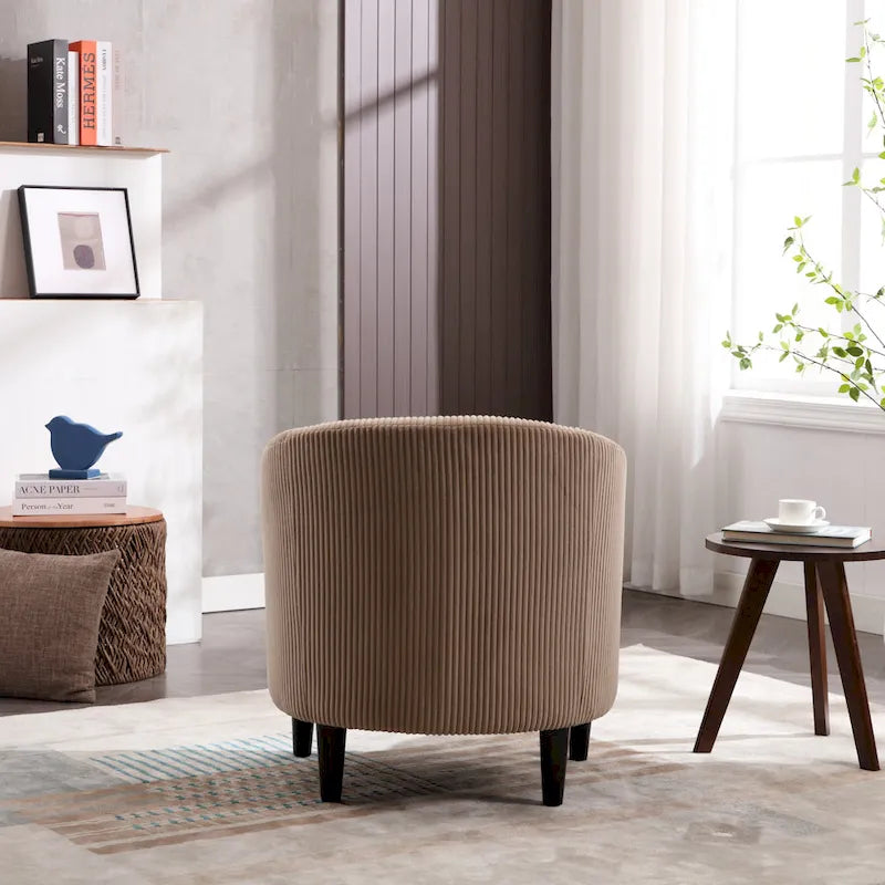 Corduroy Barrel Accent Chair, Mid-Century Modern, Single Seat, Wood Legs – Beige / Dark Gray / Emerald / Black / Camel / Blue