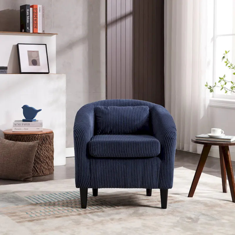 Corduroy Barrel Accent Chair, Mid-Century Modern, Single Seat, Wood Legs – Beige / Dark Gray / Emerald / Black / Camel / Blue