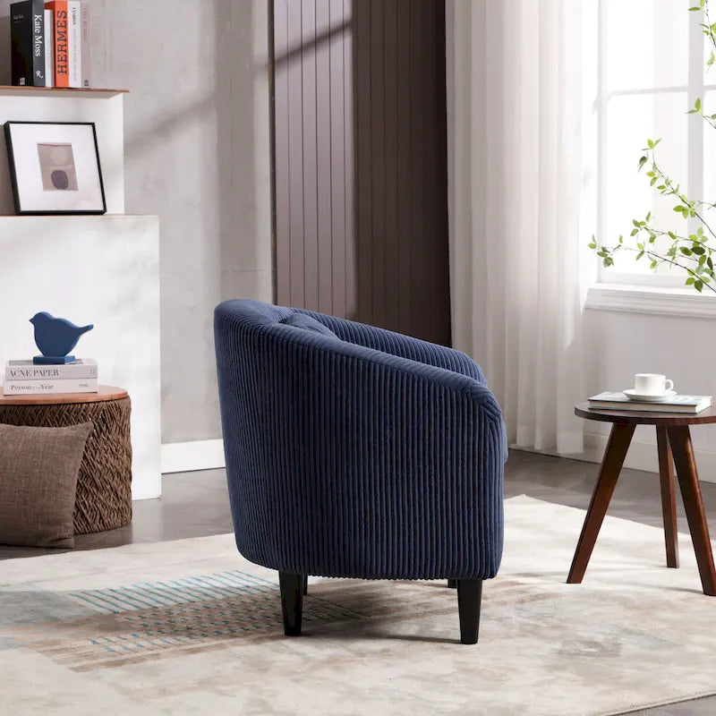 Corduroy Barrel Accent Chair, Mid-Century Modern, Single Seat, Wood Legs – Beige / Dark Gray / Emerald / Black / Camel / Blue