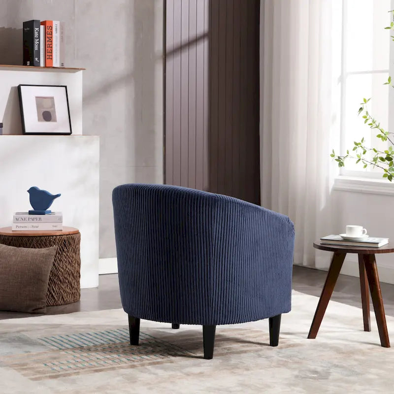 Corduroy Barrel Accent Chair, Mid-Century Modern, Single Seat, Wood Legs – Beige / Dark Gray / Emerald / Black / Camel / Blue