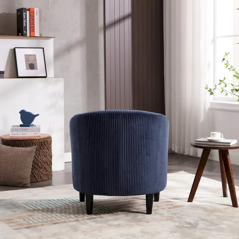 Corduroy Barrel Accent Chair, Mid-Century Modern, Single Seat, Wood Legs – Beige / Dark Gray / Emerald / Black / Camel / Blue