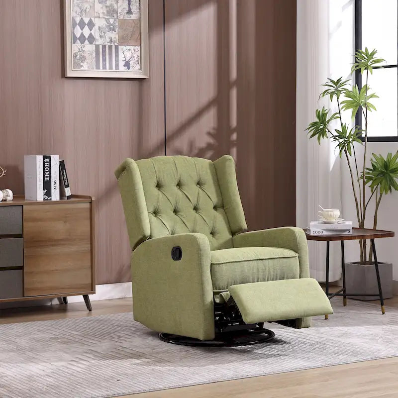 Olive Green Linen Swivel Glider Rocker Recliner with Footrest, 1-Person