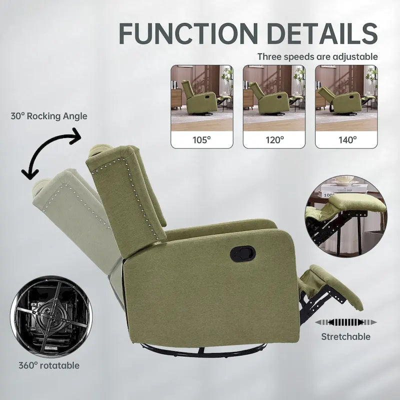 Olive Green Linen Swivel Glider Rocker Recliner with Footrest, 1-Person