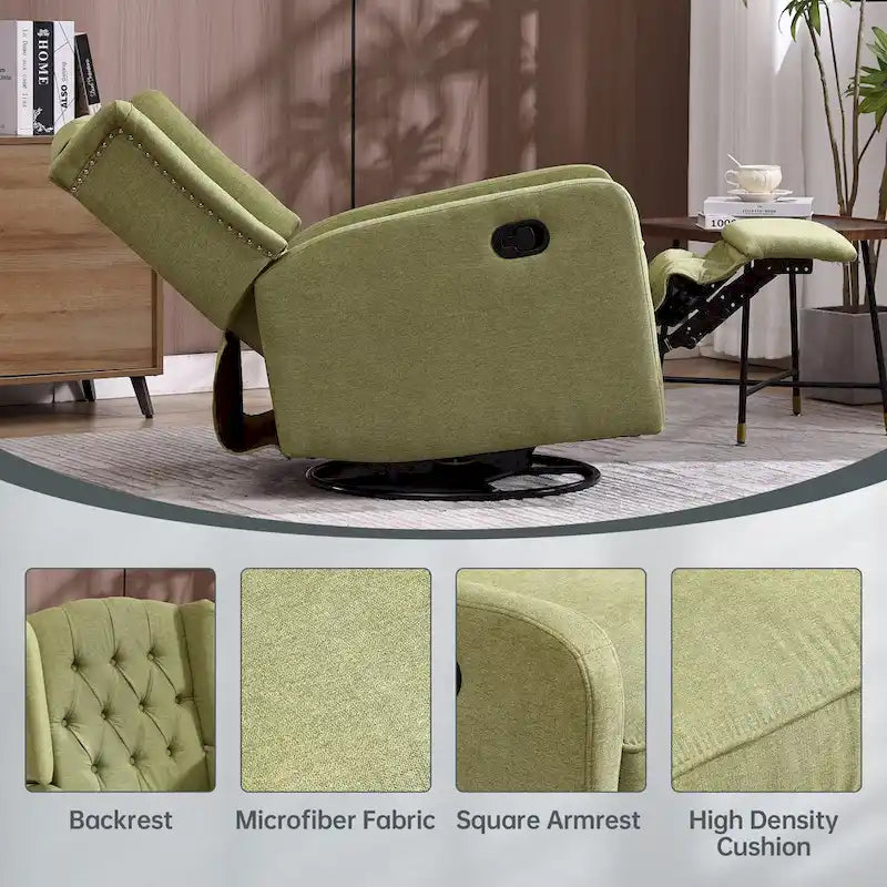 Olive Green Linen Swivel Glider Rocker Recliner with Footrest, 1-Person