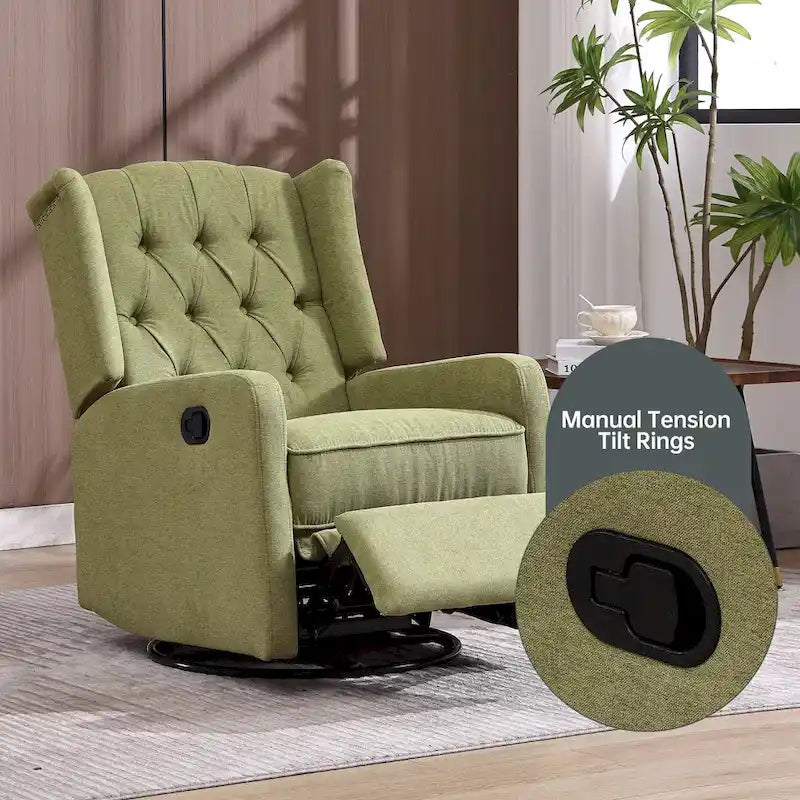 Olive Green Linen Swivel Glider Rocker Recliner with Footrest, 1-Person