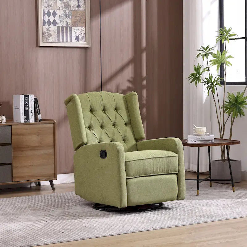 Olive Green Linen Swivel Glider Rocker Recliner with Footrest, 1-Person