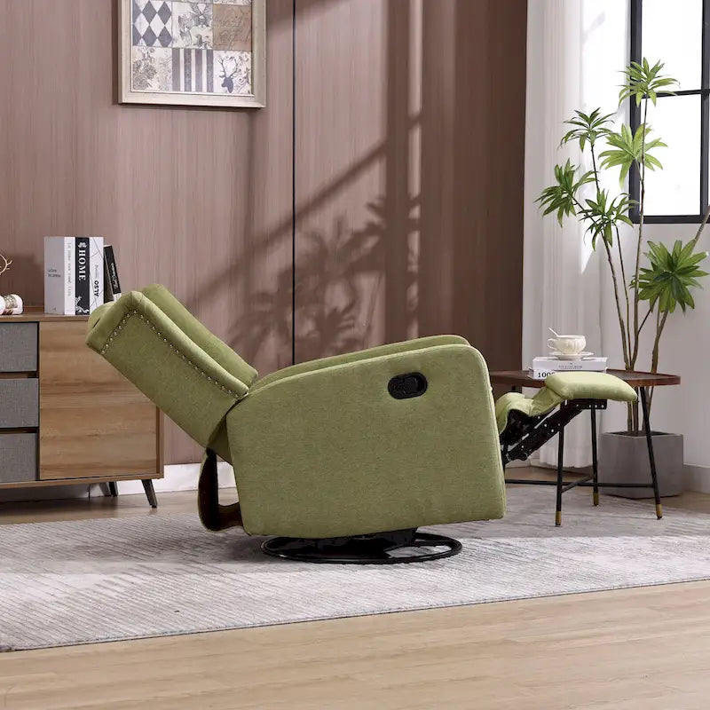 Olive Green Linen Swivel Glider Rocker Recliner with Footrest, 1-Person