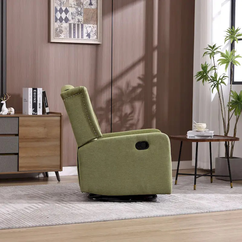 Olive Green Linen Swivel Glider Rocker Recliner with Footrest, 1-Person