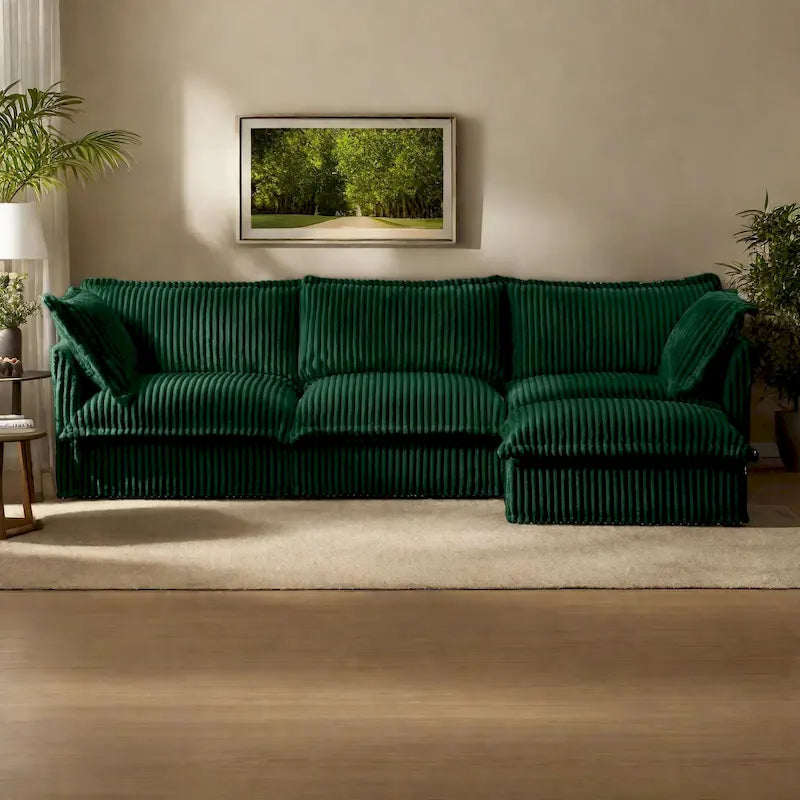 Green / Camel / Black Corduroy Armless Sectional Sofa, 2–4 Seat Modular with Reversible Ottoman & Removable Covers
