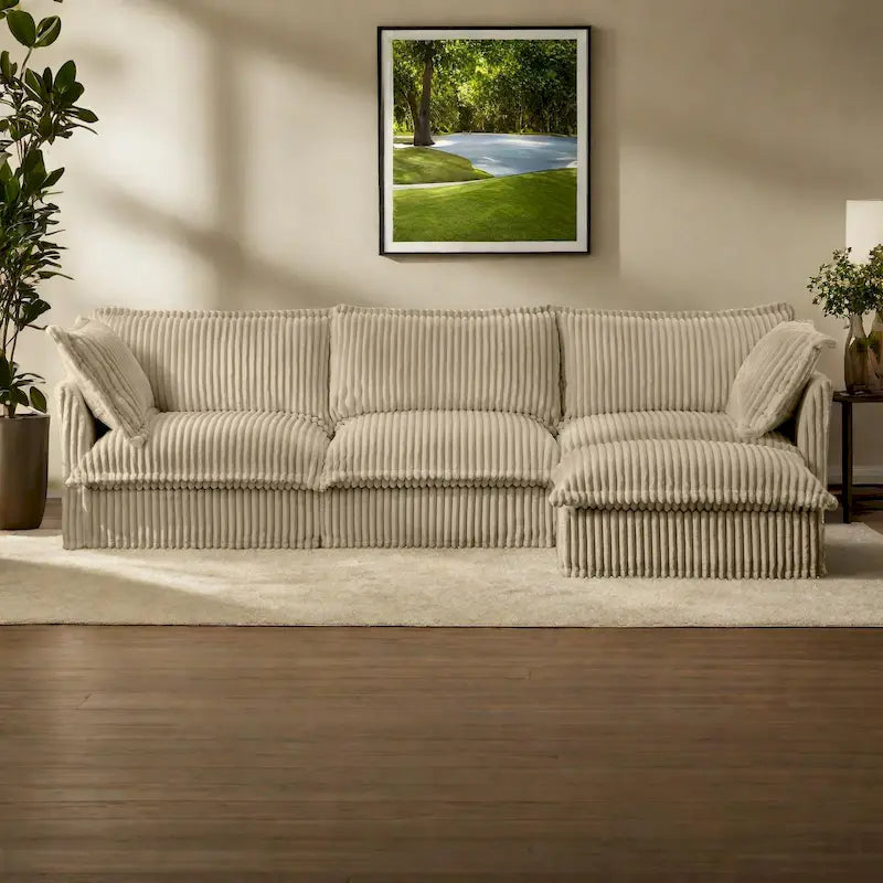 Green / Camel / Black Corduroy Armless Sectional Sofa, 2–4 Seat Modular with Reversible Ottoman & Removable Covers