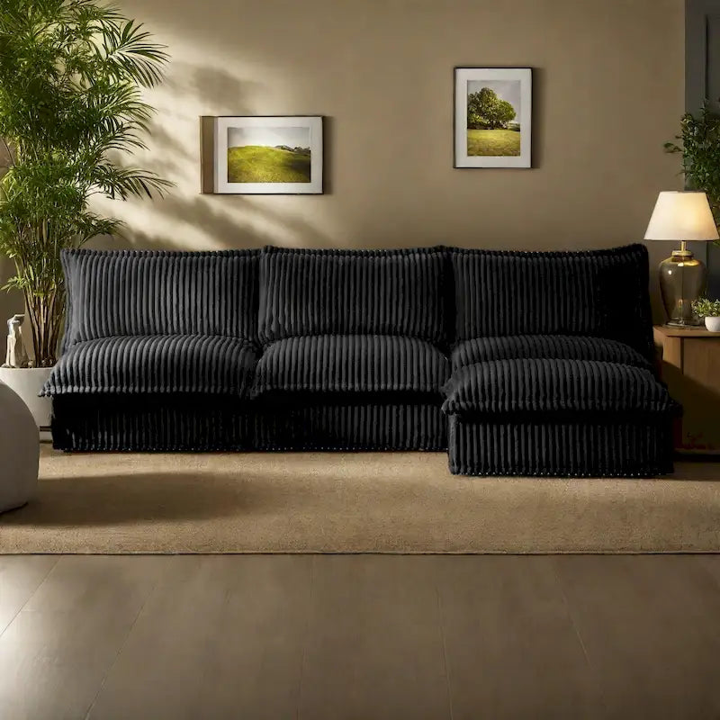 Green / Camel / Black Corduroy Armless Sectional Sofa, 2–4 Seat Modular with Reversible Ottoman & Removable Covers