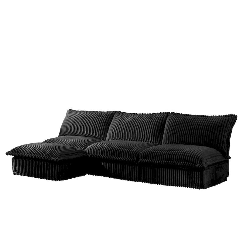 Green / Camel / Black Corduroy Armless Sectional Sofa, 2–4 Seat Modular with Reversible Ottoman & Removable Covers