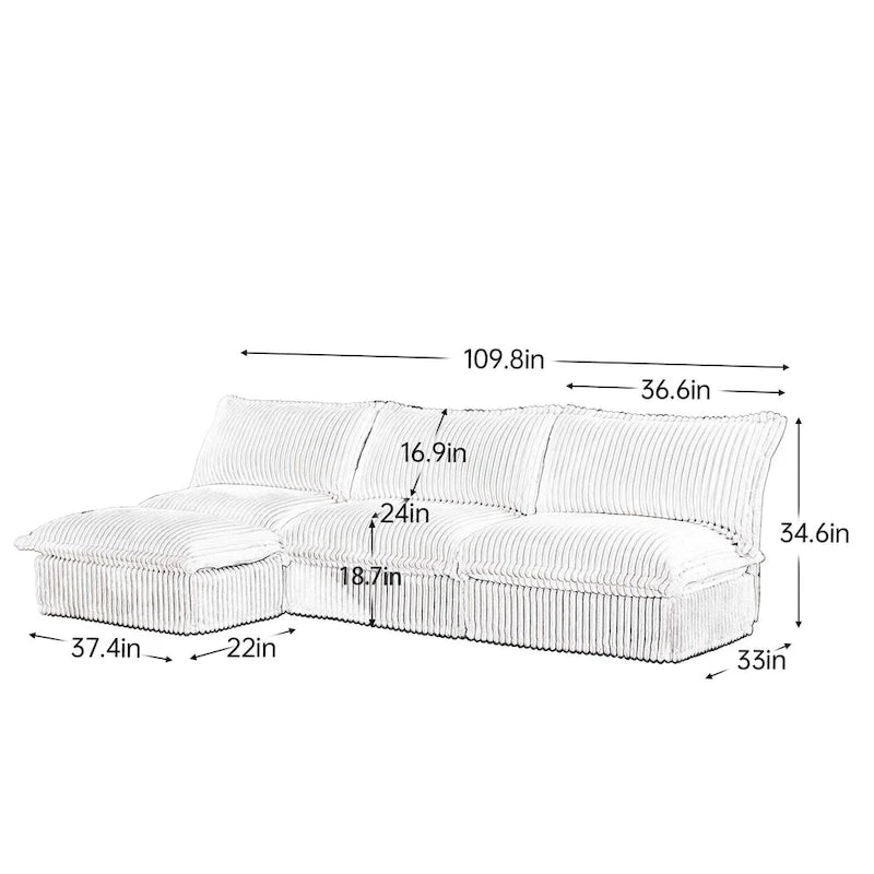 Green / Camel / Black Corduroy Armless Sectional Sofa, 2–4 Seat Modular with Reversible Ottoman & Removable Covers