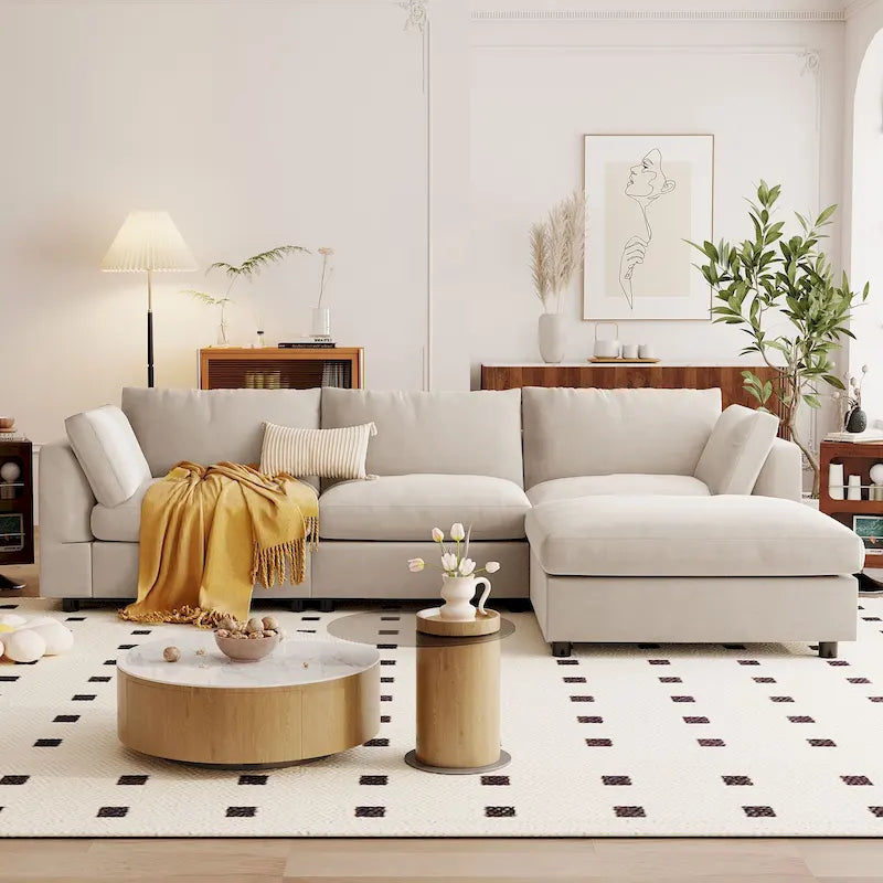 Beige L-Shaped Sectional Sofa with Adjustable Footrest, Seats 3-4