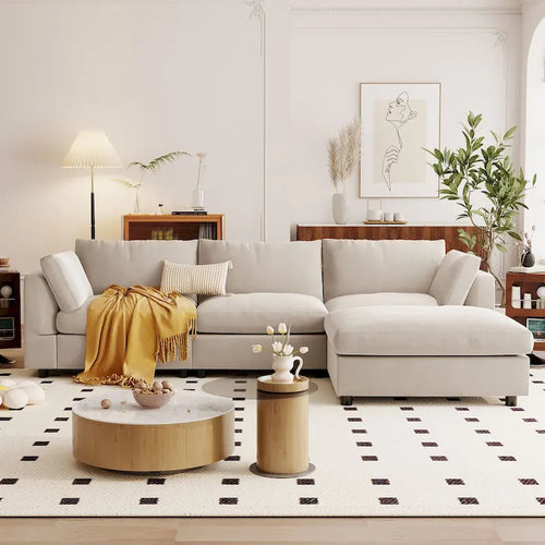 Beige 113 L-Shaped 4-Seat Sectional Sofa with Adjustable Footrest and Reversible Chaise