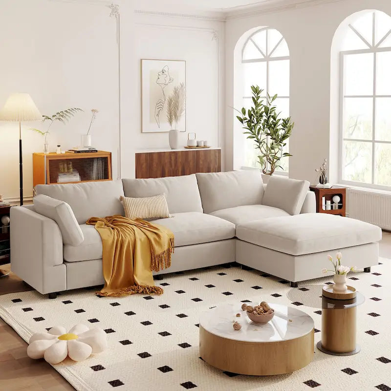 Beige L-Shaped Sectional Sofa with Adjustable Footrest, Seats 3-4