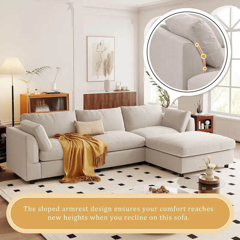 Beige L-Shaped Sectional Sofa with Adjustable Footrest, Seats 3-4
