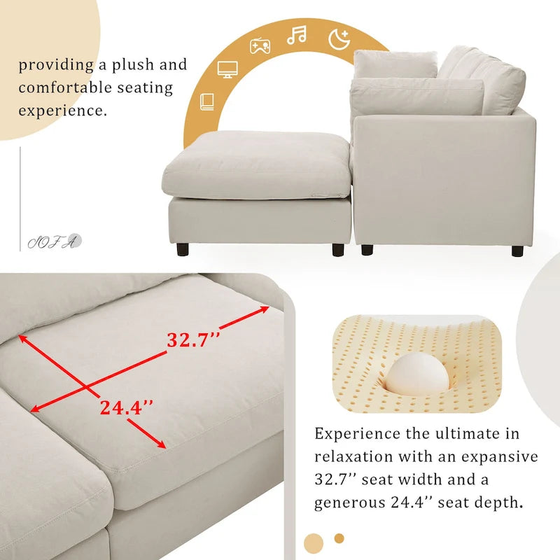 Beige L-Shaped Sectional Sofa with Adjustable Footrest, Seats 3-4
