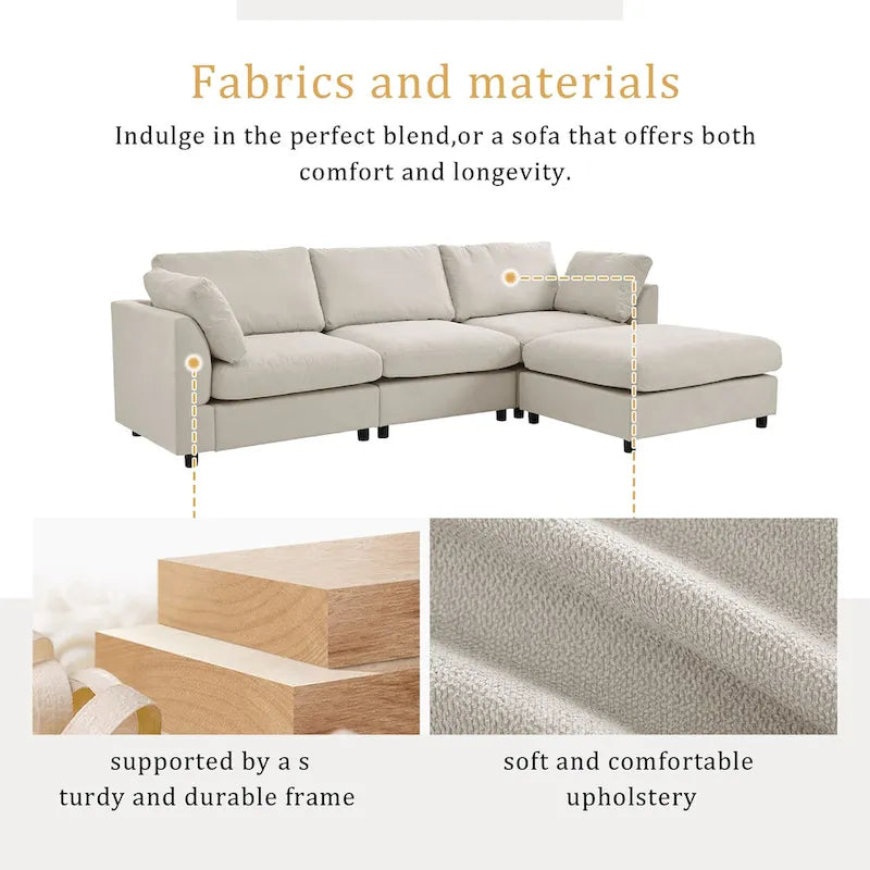 Beige L-Shaped Sectional Sofa with Adjustable Footrest, Seats 3-4