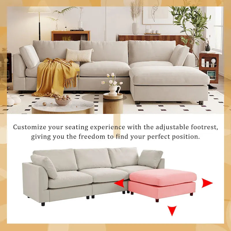 Beige L-Shaped Sectional Sofa with Adjustable Footrest, Seats 3-4