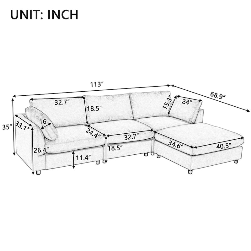 Beige L-Shaped Sectional Sofa with Adjustable Footrest, Seats 3-4