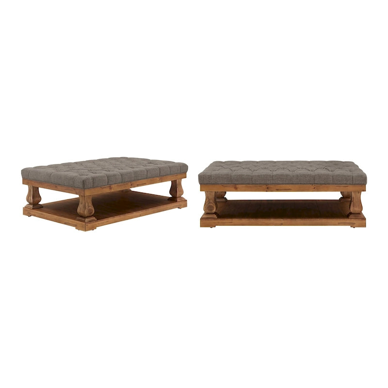 Grey / Dark Grey Linen Button-Tufted Rectangular Ottoman, 1-Person