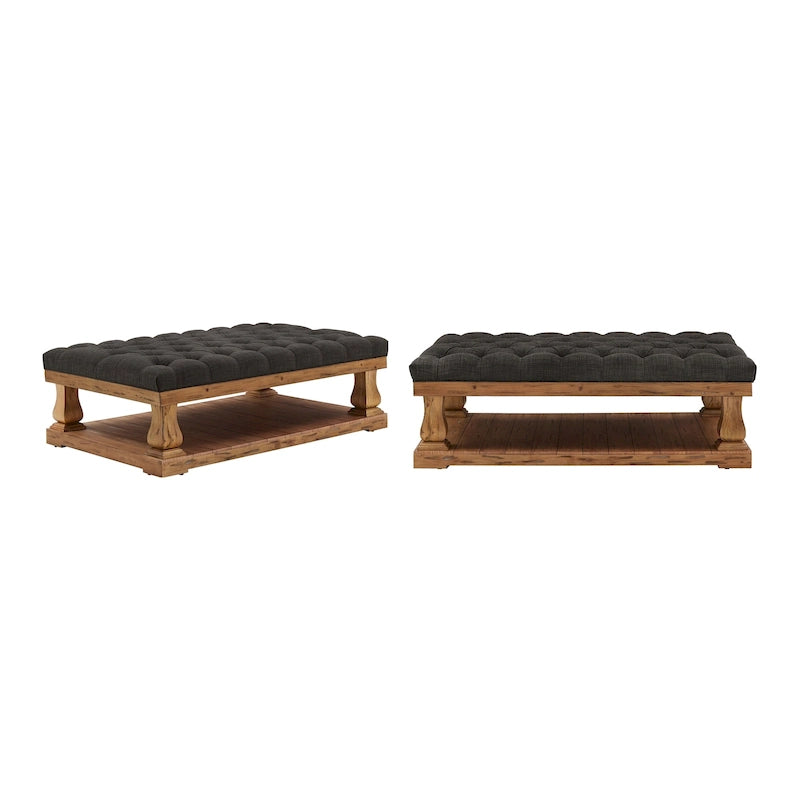 Grey / Dark Grey Linen Button-Tufted Rectangular Ottoman, 1-Person