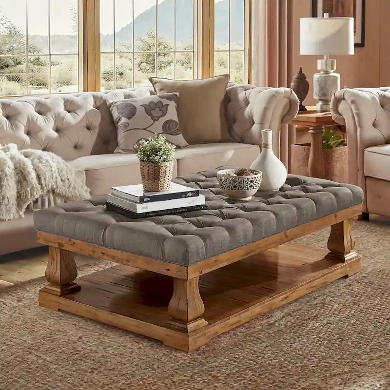 Grey / Dark Grey Linen Button-Tufted Rectangular Ottoman, 1-Person