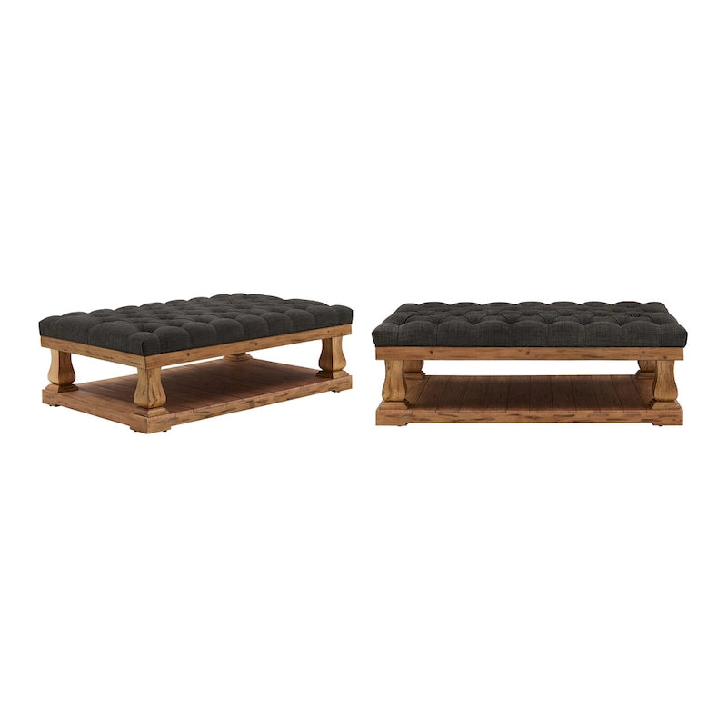 Grey / Dark Grey Linen Button-Tufted Rectangular Ottoman, 1-Person