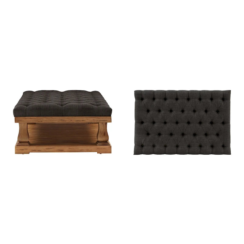 Grey / Dark Grey Linen Button-Tufted Rectangular Ottoman, 1-Person