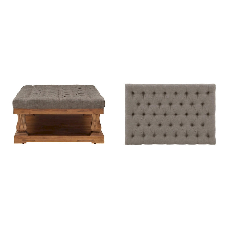 Grey / Dark Grey Linen Button-Tufted Rectangular Ottoman, 1-Person