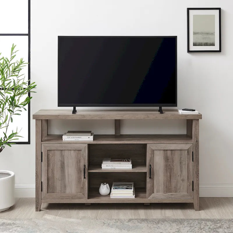 58" Groove Door Highboy TV Stand – Rustic Oak / Dark Walnut / Grey Wash
