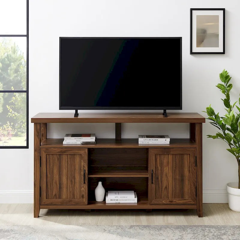 58" Groove Door Highboy TV Stand – Rustic Oak / Dark Walnut / Grey Wash