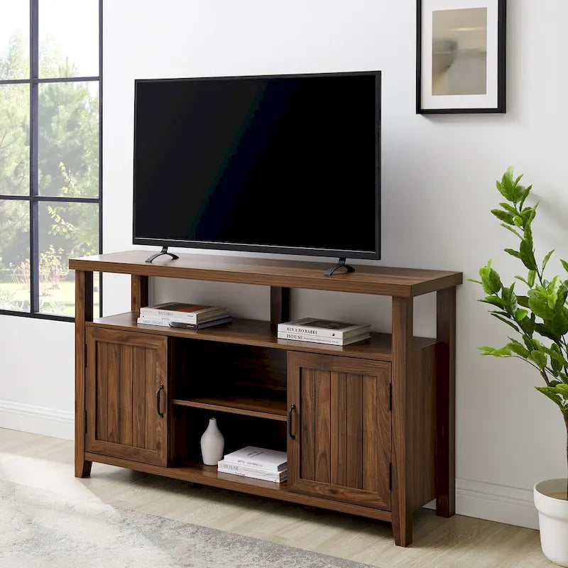 58" Groove Door Highboy TV Stand – Rustic Oak / Dark Walnut / Grey Wash
