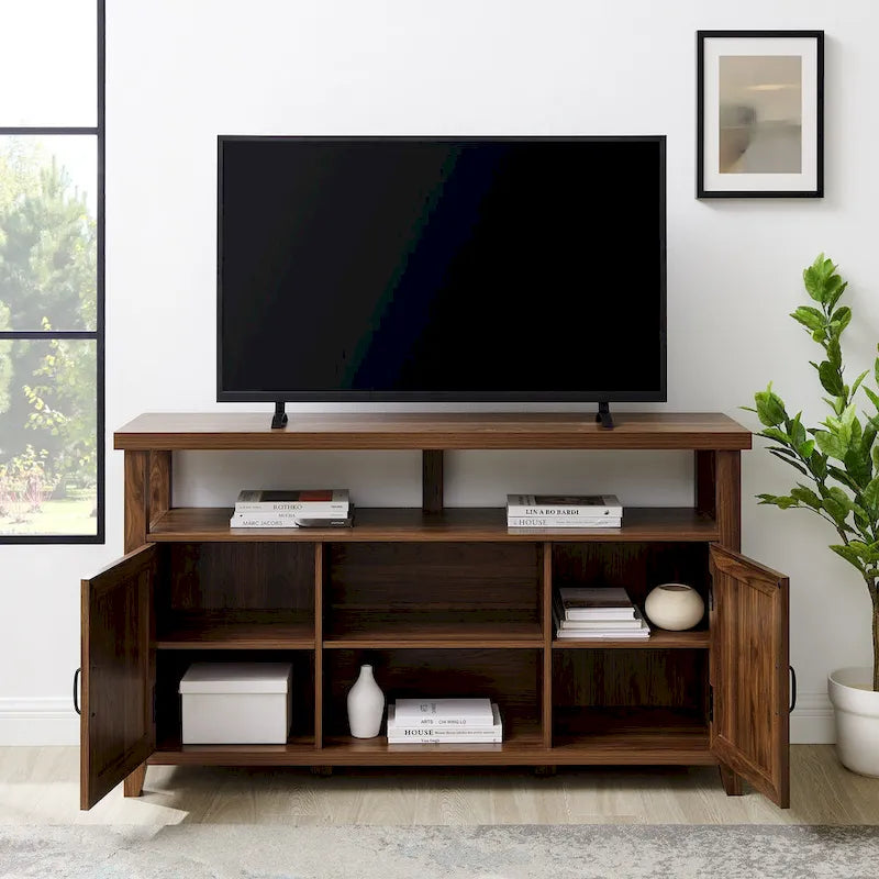 58" Groove Door Highboy TV Stand – Rustic Oak / Dark Walnut / Grey Wash