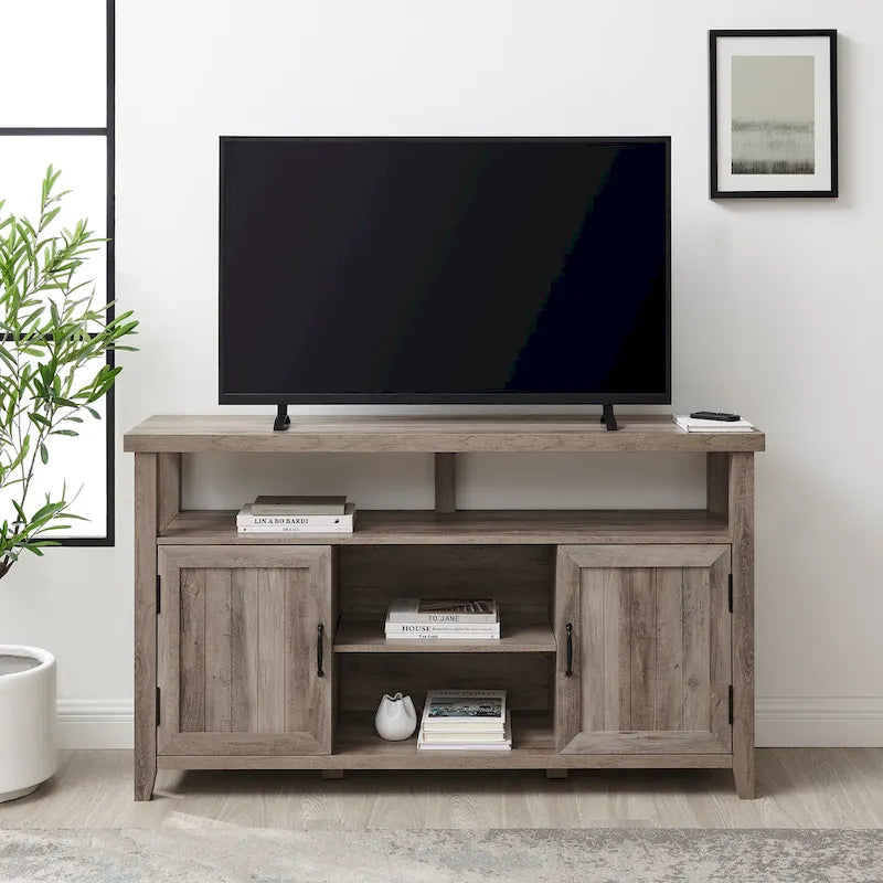 58" Groove Door Highboy TV Stand – Rustic Oak / Dark Walnut / Grey Wash