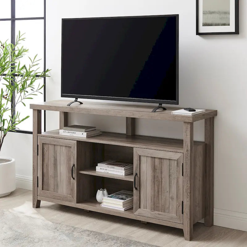58" Groove Door Highboy TV Stand – Rustic Oak / Dark Walnut / Grey Wash