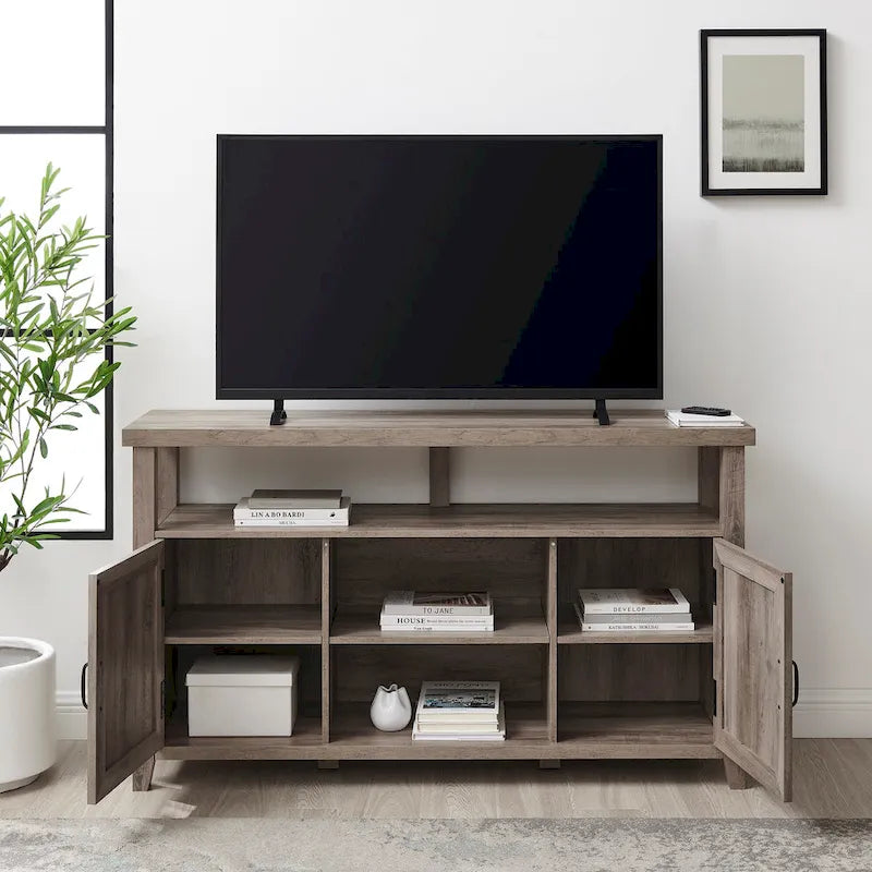 58" Groove Door Highboy TV Stand – Rustic Oak / Dark Walnut / Grey Wash