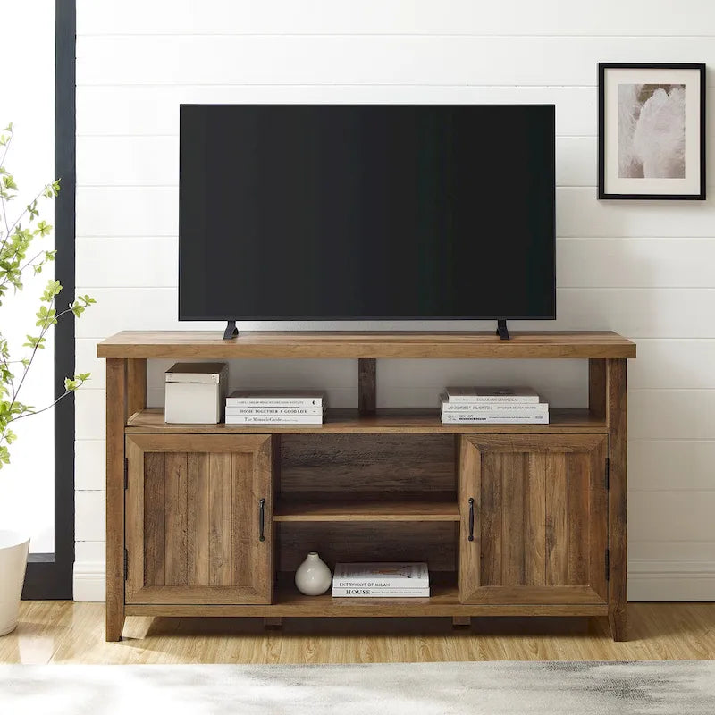 58" Groove Door Highboy TV Stand – Rustic Oak / Dark Walnut / Grey Wash
