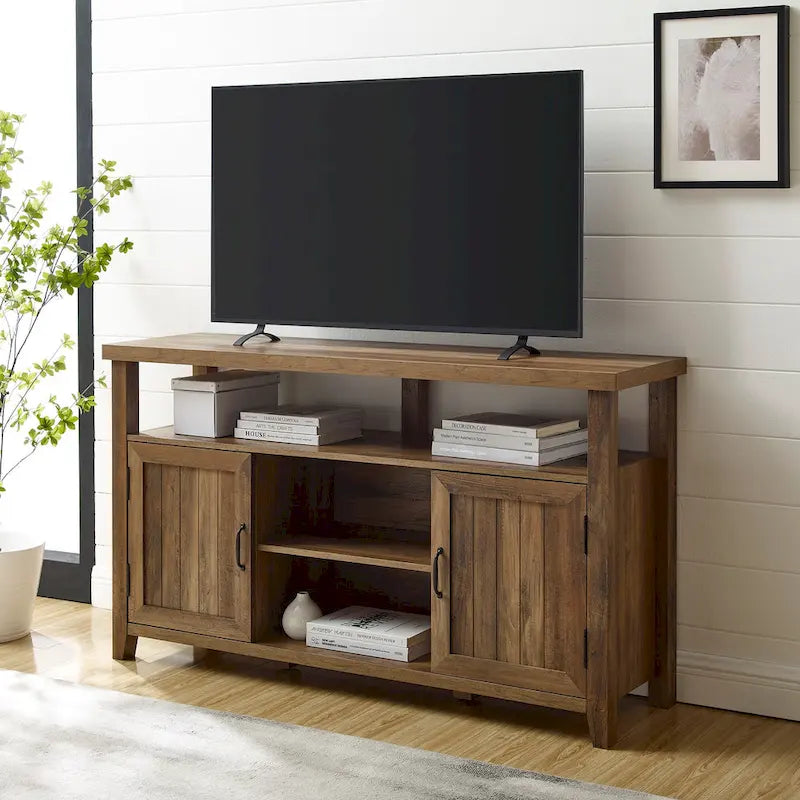 58" Groove Door Highboy TV Stand – Rustic Oak / Dark Walnut / Grey Wash